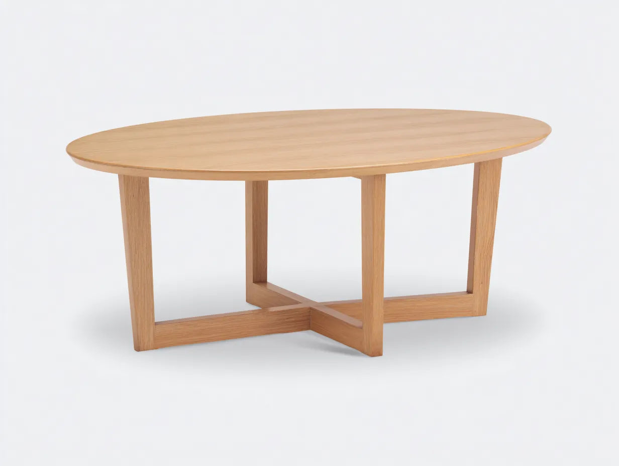Couchtisch Eichenholz 130x70x40 cm - hellbraun - oval mit Kreuzgestell für Wohnzimmer
