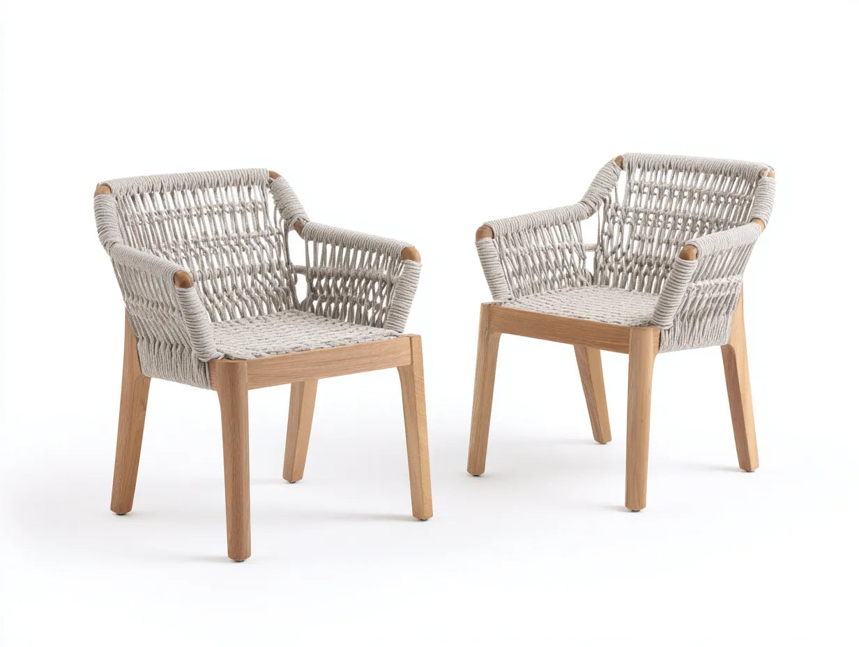 LoungeSessel 2er-Set Holz Kordelgeflecht 64x66x78 cm - natur und creme - offenes Armlehnendesign für Outdoor