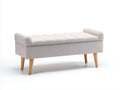 Bank Stoff 142x43x45 cm - Beige und Natur - lange Schlafzimmerbank mit Holzsockel und schlanken Beinen