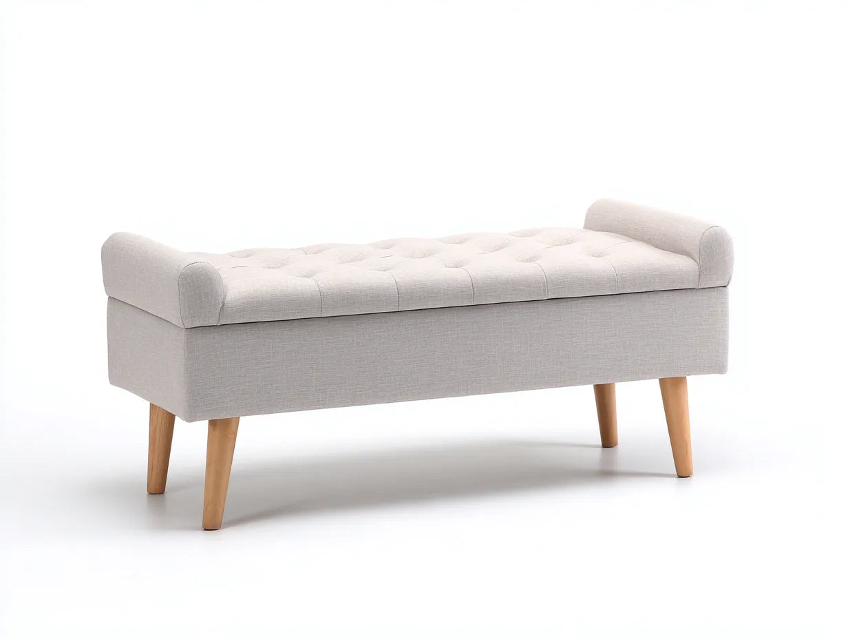 Bank Stoff 142x43x45 cm - Beige und Natur - lange Schlafzimmerbank mit Holzsockel und schlanken Beinen