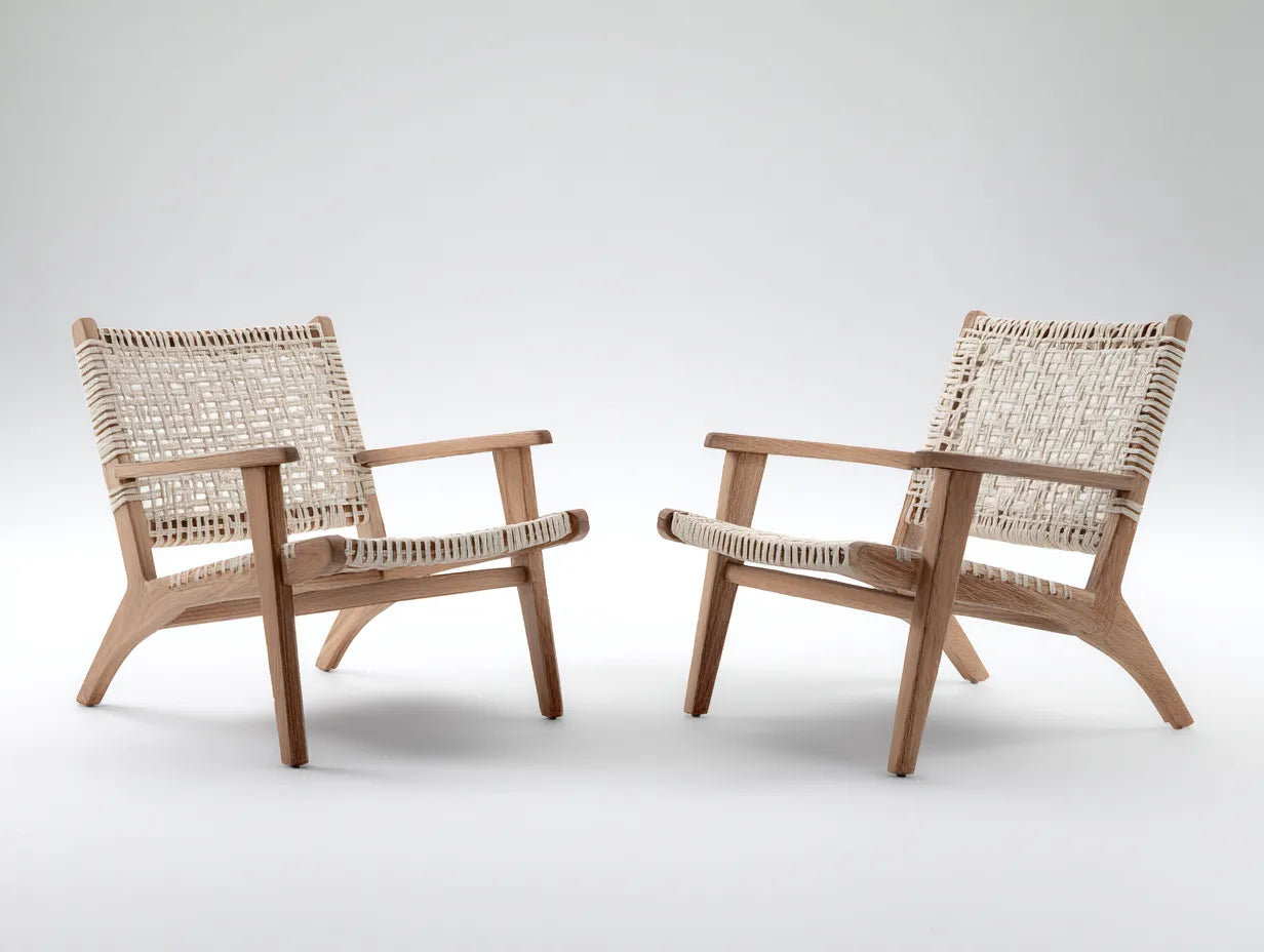 LoungeSessel 77x81x75 cm - Natur und Creme - 2er Set mit breiter Seilflechtung und Holzrahmen für draußen