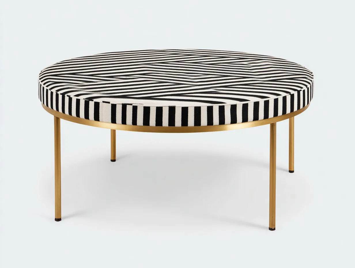Couchtisch Rund 90x90x43 cm - schwarz und weiß und gold - Streifenmuster für Wohnzimmer