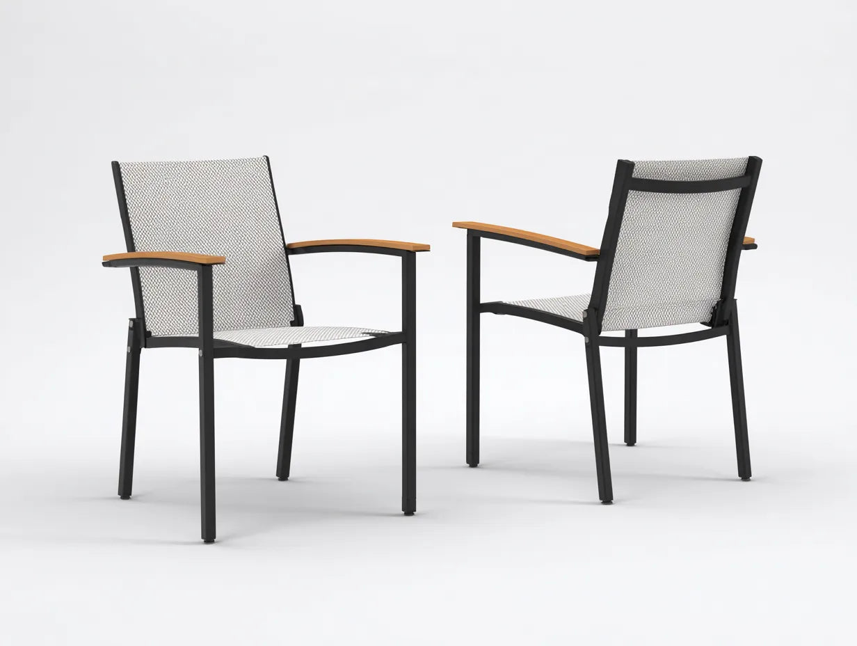 LoungeSessel 2er-Set Metall Textilgewebe 59x64x86 cm - schwarz und grau und natur - mit Holzarmlehnen für Outdoor