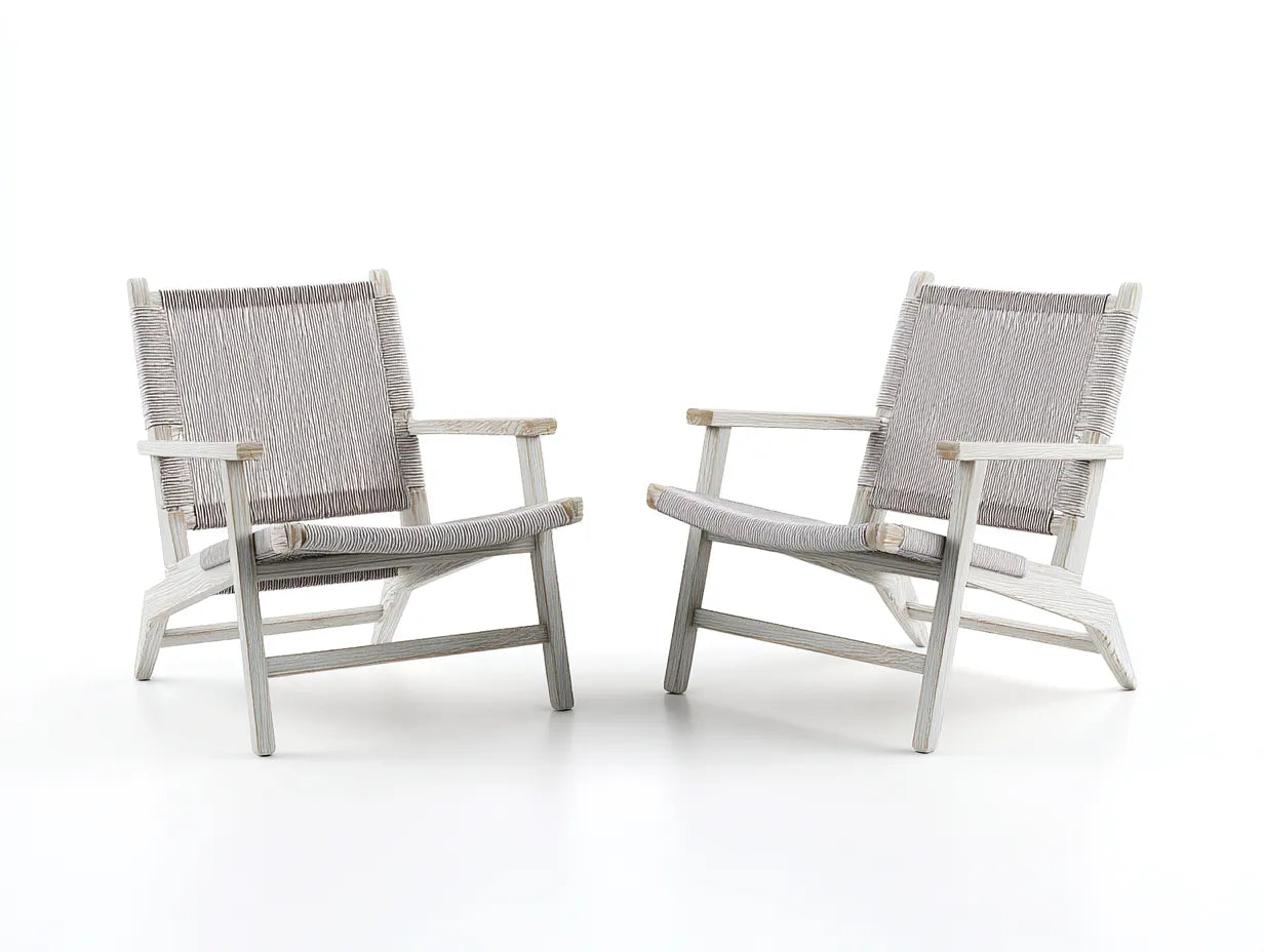 LoungeSessel 76x79x74 cm - Weiß und Taupe - 2er Set mit hellem Holzrahmen und gewebter Sitzfläche für draußen