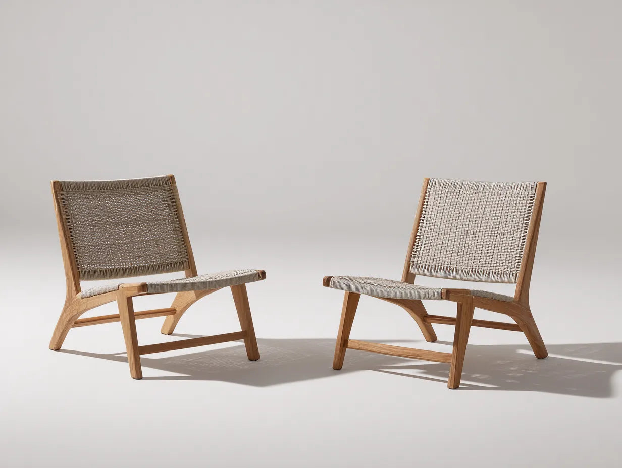 LoungeSessel 74x78x73 cm - Natur und Braun - 2er Set mit Holzrahmen und geflochtenem Sitz für draußen