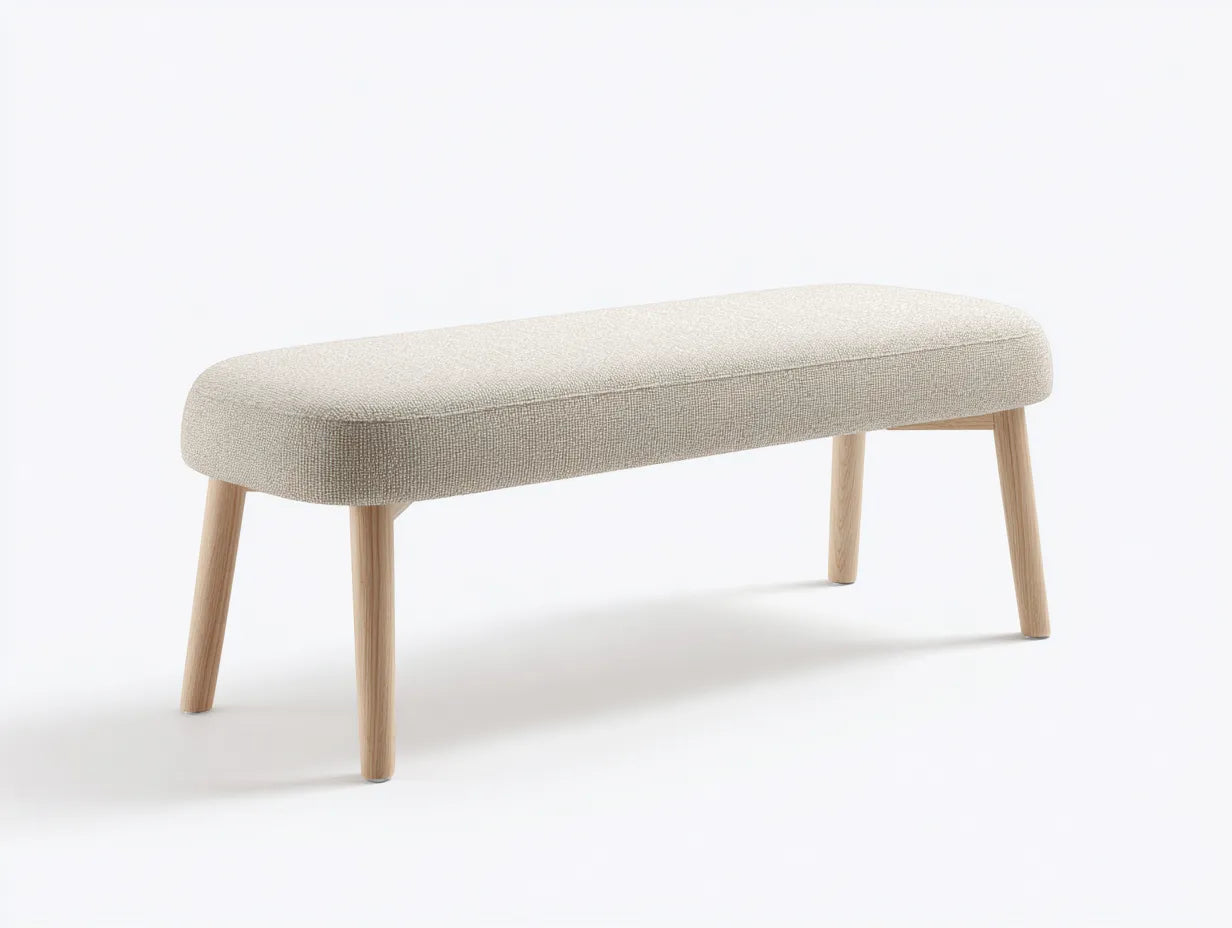 Bank Stoff 126x44x46 cm - Beige und Natur - gepolsterte Schlafzimmerbank mit Holzbeinen