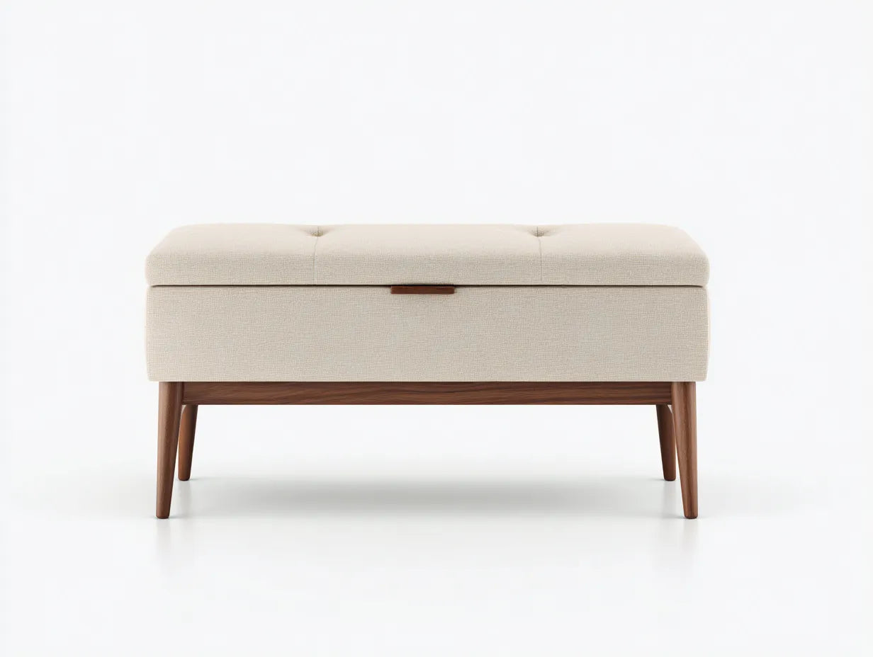 Bank Stoff 122x46x49 cm - Beige und Nussbaum - Bettbank mit Stauraum und Holzbeinen