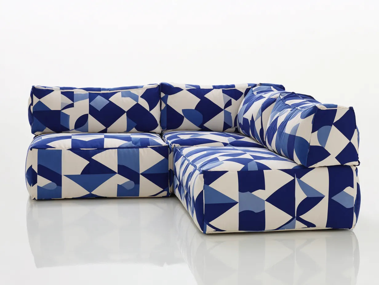 Ecksofa Stoff 285x205x70 cm - blau und weiß - grafisches Muster für Wohnzimmer