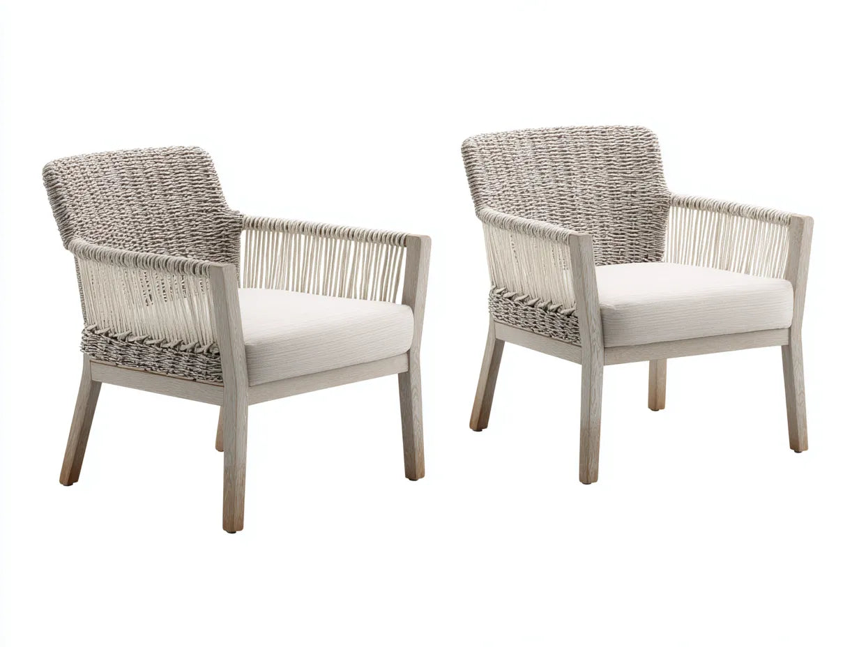 LoungeSessel 2er-Set Holz Seilgeflecht 68x70x80 cm - natur und creme - mit gepolsterter Sitzfläche für Outdoor