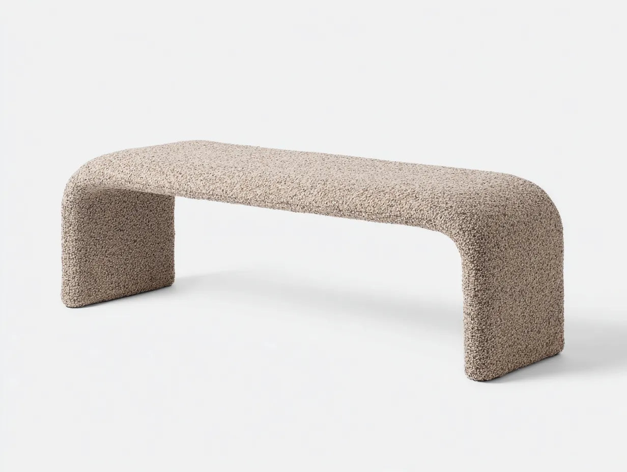 Bank Bouclé 138x44x43 cm - Taupe - gebogene Schlafzimmerbank mit durchgehendem Soft-Design