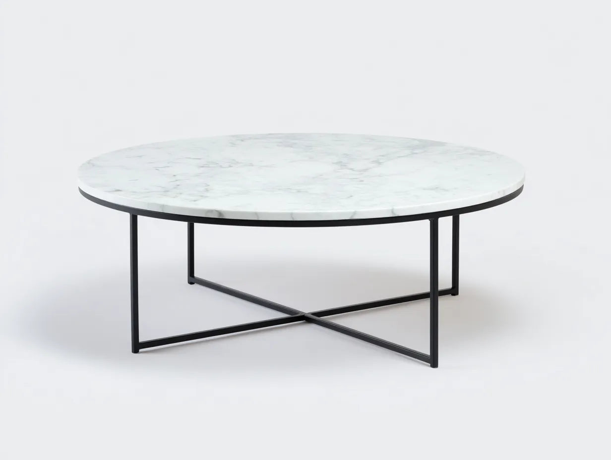 Couchtisch Marmoroptik 105x105x42 cm - weiß und schwarz - rundes Metallgestell für Wohnzimmer