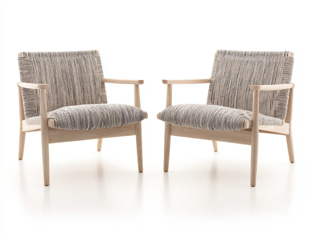 LoungeSessel 73x77x76 cm - Natur und Braun - 2er Set mit Holzarmlehnen und textiler Flechtung für draußen