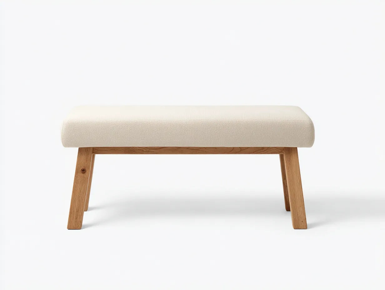 Bank Bouclé 124x43x45 cm - Creme und Natur - gepolsterte Schlafzimmerbank mit Holzbeinen