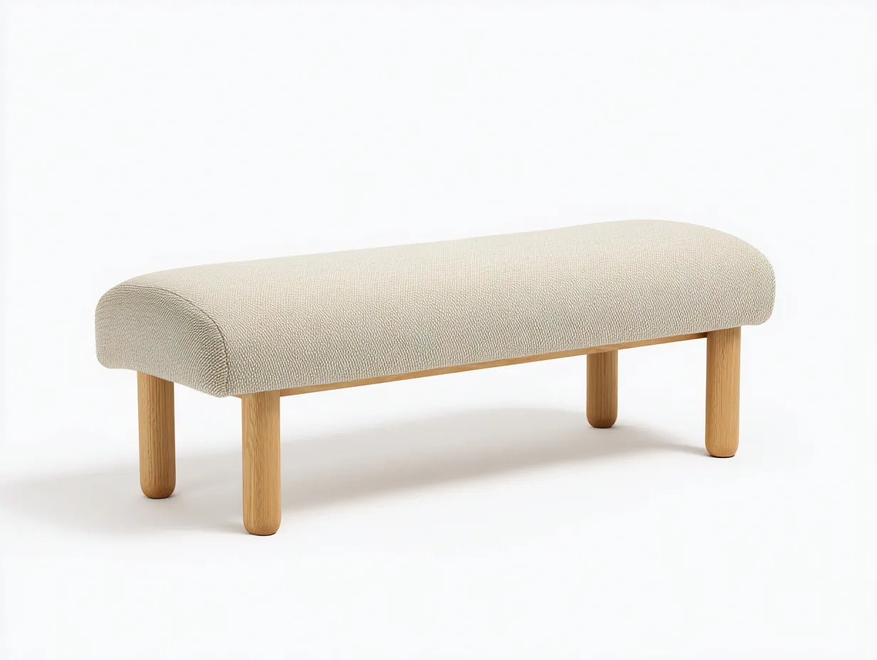 Bank Stoff 130x45x45 cm - Beige und Natur - gerundete Bettbank mit massiven Holzbeinen