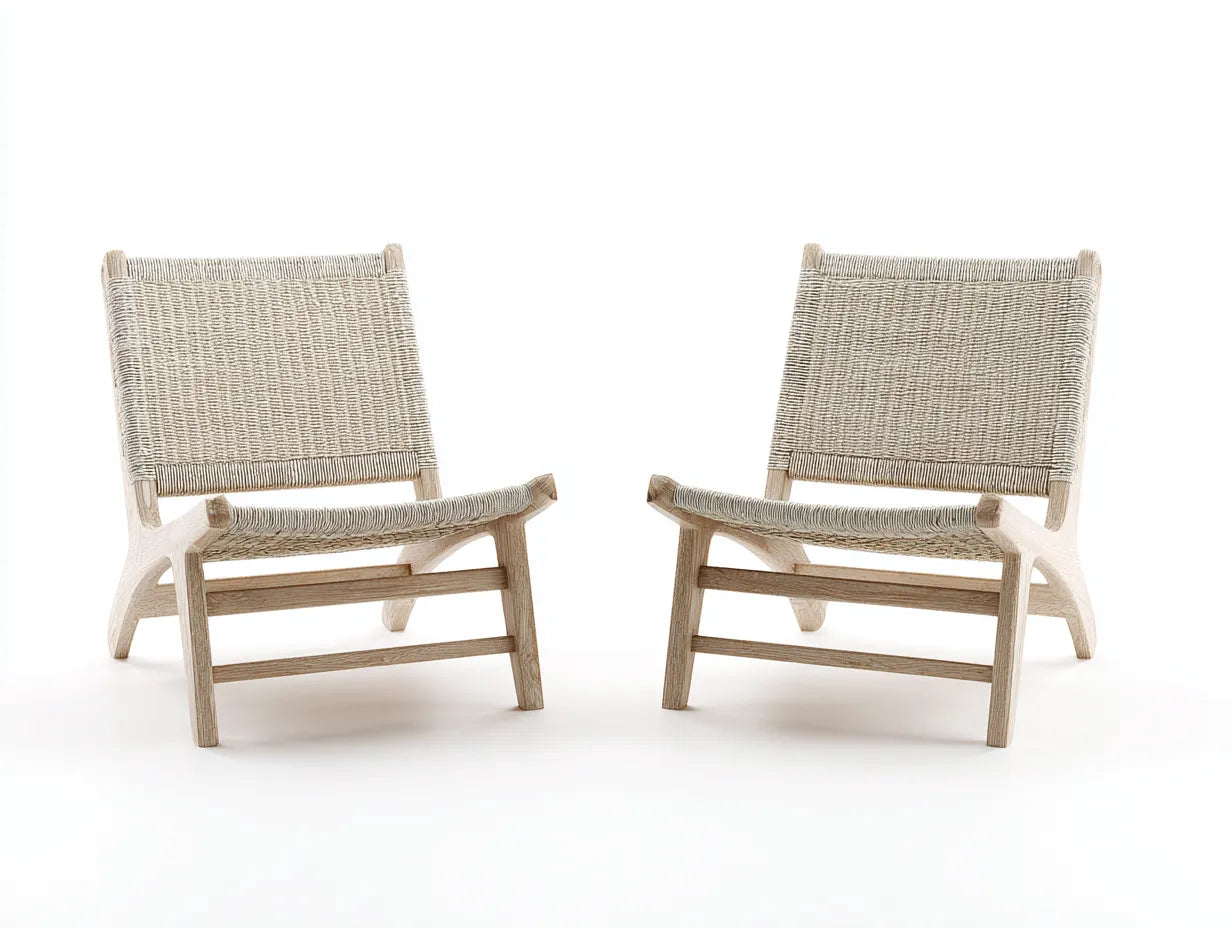 LoungeSessel 75x80x72 cm - Natur und Creme - 2er Set mit Holzgestell und dichter Seilflechtung für draußen