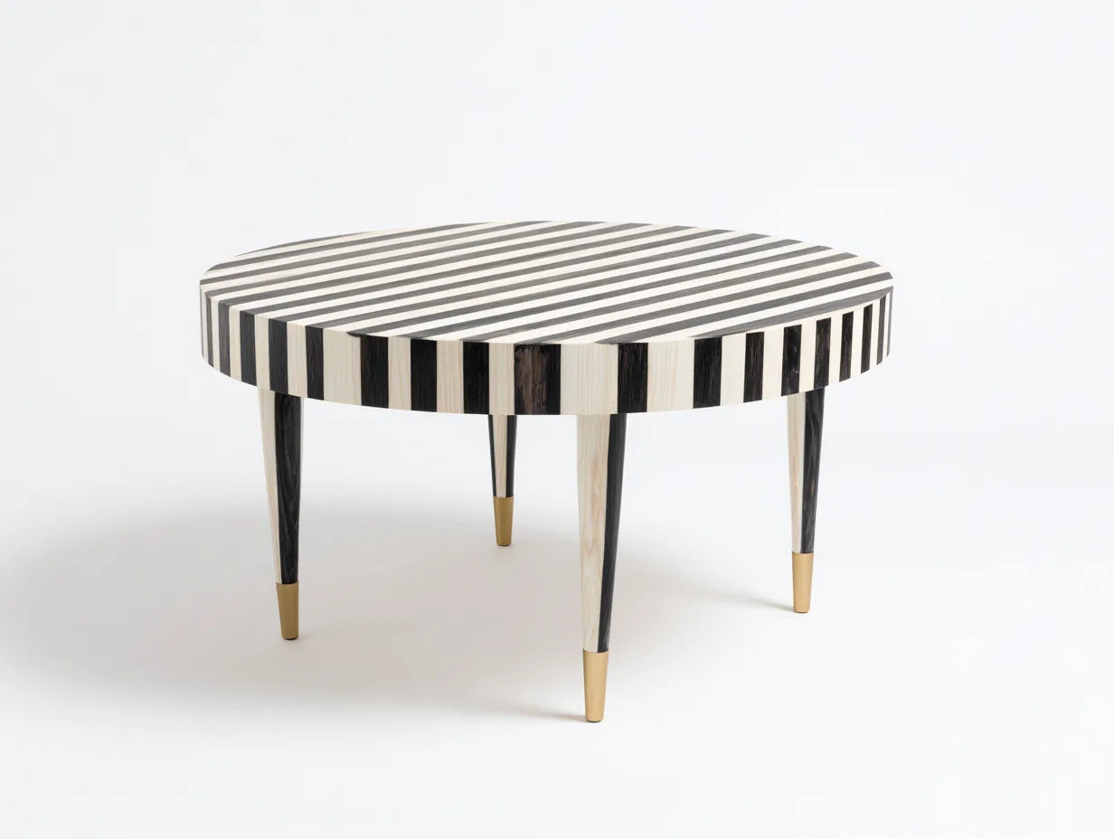 Couchtisch Rund 82x82x40 cm - schwarz und weiß und gold - gestreifte Platte für Wohnzimmer
