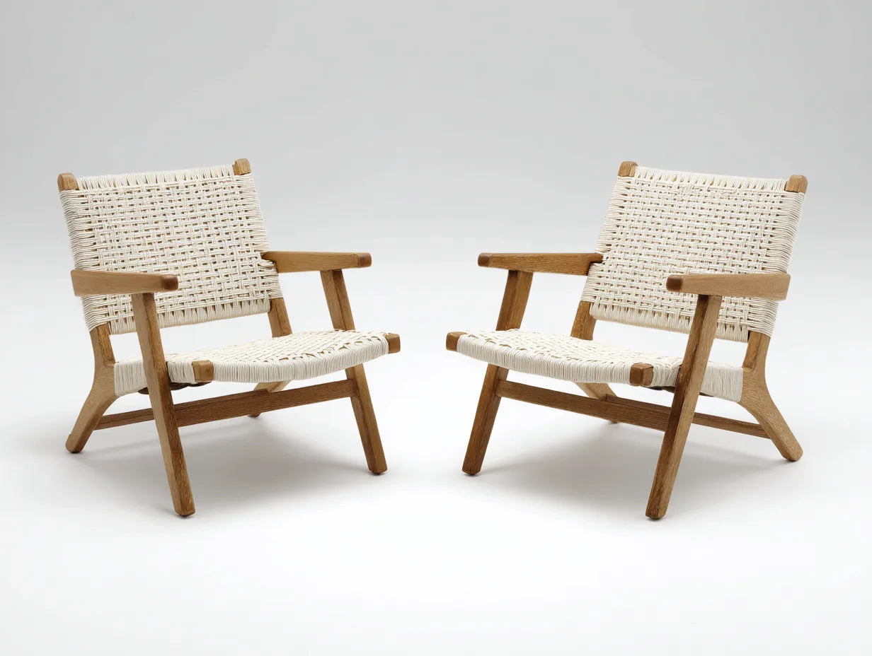 LoungeSessel 78x82x74 cm - Natur und Creme - 2er Set mit Holzgestell und offener Flechtstruktur für draußen